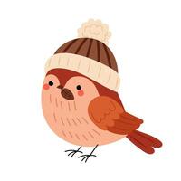 Autumn birds. Sparrow. Cute little bird in a hat with a leaf in beak. Autumn knitted hat. Flat illustration on white background. vector