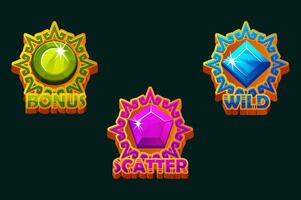 Gemstones in solar disk frames, APP icons- BONUS, WILD and SCATTER for slots games. 2D game assets vector