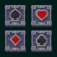 Playing card icons in stone square frame. Maya or Aztec slot symbols. Symbols heart, spade, diamond, and club for your casual game vector