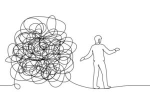 man walking on rope from big chaotic and tangled thing - one line art . concept and metaphors to get away from problems, find a way out, get rid of confusing thoughts vector