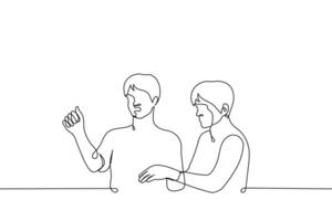 man shakes his fist calms him down or takes him away with another - one line drawing. concept indignant or angry customer yells his friend or security pulls his hand vector