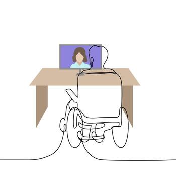 hombre sentado en motorizado silla de ruedas en frente de mesa con computadora con llamador, él tiene médico consulta - uno línea Arte . concepto médico cuidado en línea para personas con discapacidades vector