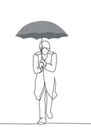 man in long raincoat walks under umbrella full length blown by wind - one line art . concept lonely man keeps walking in rain vector