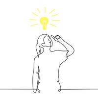 woman has an idea, she stands with her index finger up and an immaterial lamp is burning above her - one line art . concept idea, inspiration, brainstorming vector