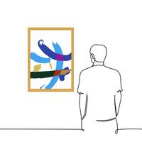 man standing in front of abstract painting with hands in pockets - one line art . concept visitor to gallery or museum of abstract art vector