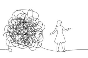 woman walking on a rope from a big chaotic and tangled thing - one line art . concept and metaphors walk away from problems, find a way out, get rid of tangled thoughts vector