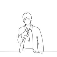 young man loosens his tie - one line art . concept end of the working day for a white collar worker, change of social roles vector