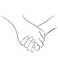 Two hands holding by hands. Doodle black sketch ink line. vector