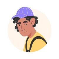 User icon with young man with black curly hair and cap in flat style vector