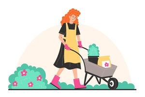 A young woman in garden clothes is carrying a cart with potted plants and fertilizer vector