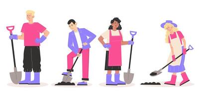 Set of characters of gardeners with shovels in different poses vector