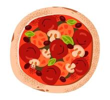 Pepperoni pizza with mushrooms and sausage, top view. Flat illustration isolated on white background vector