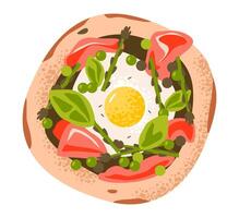 Pizza with bacon, fried egg and herbs, top view. Flat illustration isolated on white background vector