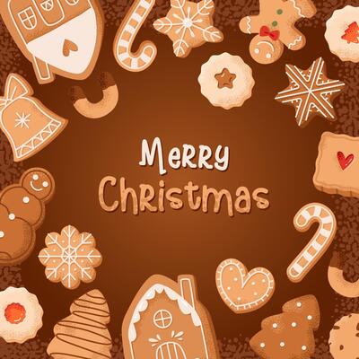 Festive banner with Christmas gingerbread cookies of different shapes. Christmas background. Invitation or gift card template