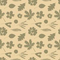 nature elements, autumn leaves and flowers seamless pattern, birch and oak leaves, fall cozy pattern vector