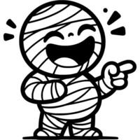 Mummy wrapped in bandages laughs cheerfully, holds his stomach and points his finger forward in monochrome. Simple minimalistic in black ink drawing on white background vector