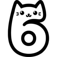Six number, 6 digit in kitty style in monochrome. Simple minimalistic in black ink drawing on white background vector