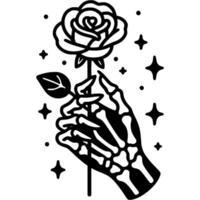 Female skeleton hand holding rose flower in monochrome. Simple minimalistic in black ink drawing on white background vector