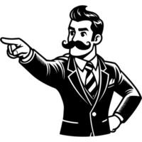 Businessman in classic suit with moustache points his index finger forward in monochrome. Simple minimalistic in black ink drawing on white background vector