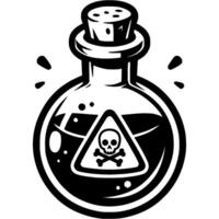Round glass flask with dangerous liquid sealed with stopper in monochrome. Simple minimalistic in black ink drawing on white background vector