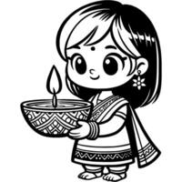 Girl dressed in Indian clothes holding a lit candle in monochrome. Simple minimalistic in black ink drawing on white background vector