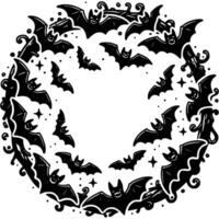 Round Halloween wreath of flying bats in monochrome. Simple minimalistic in black ink drawing on white background vector