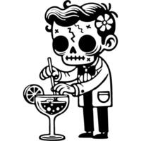 Bartender in zombie costume prepares a cocktail in monochrome. Simple minimalistic in black ink drawing on white background vector
