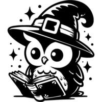 Owl wearing sorceress hat reads magic book in monochrome. Simple minimalistic in black ink drawing on white background vector