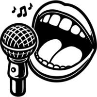Singer mouth sings song into microphone in monochrome. Simple minimalistic in black ink drawing on white background vector