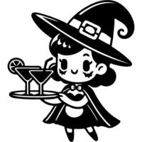 Waitress dressed as Halloween witch prepares cocktail in monochrome. Simple minimalistic in black ink drawing on white background vector