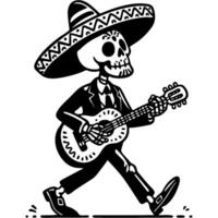 Cheerful street musician walks and plays guitar dressed in a skeleton costume and a Mexican sombrero hat in monochrome. Simple minimalistic in black ink drawing on white background vector
