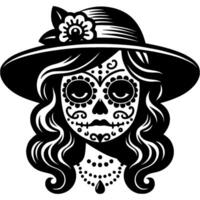 Woman in hat with face decorated with mexican ornament in monochrome. Simple minimalistic in black ink drawing on white background vector