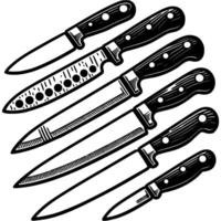 Set of kitchen knives for various products in monochrome. Simple minimalistic in black ink drawing on white background vector