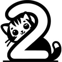 Little kitten hid behind the number two digit in kitty style in monochrome. Simple minimalistic in black ink drawing on white background vector