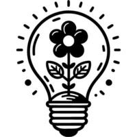 Flower grows inside light bulb in monochrome. Simple minimalistic in black ink drawing on white background vector