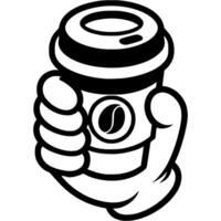 Visitor hand holding cup of takeaway coffee in monochrome. Simple minimalistic in black ink drawing on white background vector
