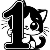 Little kitten hid behind the number one digit in kitty style in monochrome. Simple minimalistic in black ink drawing on white background vector