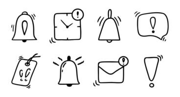 Doodle notification bell, exclamation mark, alert danger information sign set. Scribble hand drawn exclamation point, stop warning sign. vector