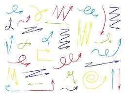 Doodle color crayon arrow set. Hand drawn design elements, charcoal or pencil drawn marks. rough highlight, underline vector