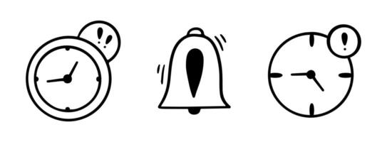 Doodle exclamation mark, notification bell, alert danger information sign set. Time management. Scribble hand drawn doodle exclamation point, stop warning sign vector