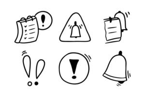 Doodle exclamation mark, notification bell, alert danger information sign set. Scribble hand drawn exclamation point, stop warning sign vector