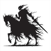 Black silhouette of a sinister knight without a head he will ride in plate armor and a ragged cloak, in his hands a huge sword and a fiery skull silhouette white background vector