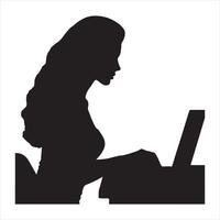 Female silhouette. Remote job. Freelancer lifestyle. Dark contrast shape profile portrait of confident woman working online using laptop silhouette on white background vector
