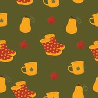 Seamless pattern with pumpkins, boots, cup and autumn leaves. Autumn pattern. Perfect for product design, wallpaper, scrapbooking. EPS 10 vector