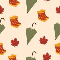 Seamless pattern with umbrella, boots and autumn leaves. Autumn pattern. Perfect for product design, wallpaper, scrapbooking. EPS 10 vector