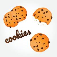 Realistic cartoon cookies with chocolate chips. Bitten and broken cookies of different size with crumbles. Cookies set. EPS 10 vector