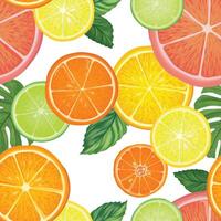 Fruits citrus pattern. Fresh slice orange, lemon, lime, grapefruit, mandarin peices over white background with leaves. Seamless texture. Colorful dessert food. vector