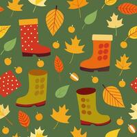 Autumn seamless pattern, Flat background for various surfaces, Trendy hand drawn print, Seasonal repeat design, Fall aesthetic wallpaper with boots, umbrella, leaves, acorn, mushrooms, berries vector