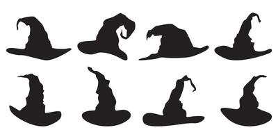 Collection of different black witch hats on white background vector