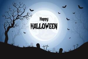 Scary cemetery with dead trees and bats on full moon background vector